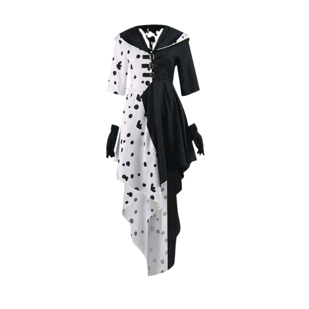Cruella Inspired Black White Dalmatian Costume Coat Gloves Women’s Size L